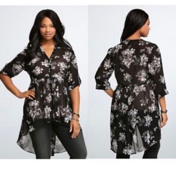 Torrid Hi-Lo Floral Tunic Top‎ Black & Pink women’s Size 1X Sheer 3/4 Sleeve - Picture 2 of 14